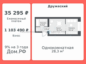 1 комн., 28.3м2, 10/14, Дружеский, Тюмень