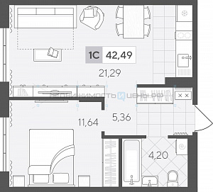1 комн., 42.49м2, 4/4, Скандиа. Квартал у озера, Тюмень