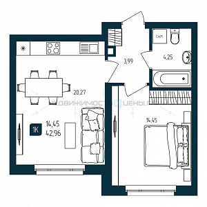 1 комн., 42.96м2, 1/10, Квартал Мятный, Тюмень
