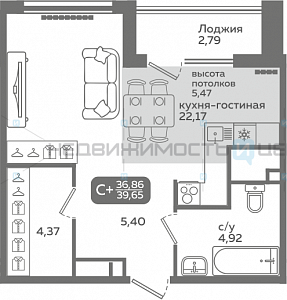 1 комн., 36.86м2, 21/21, Меридиан Слобода, Тюмень
