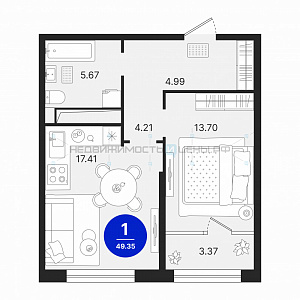 1 комн., 49.35м2, 2/17, Северное Сияние, Тюмень