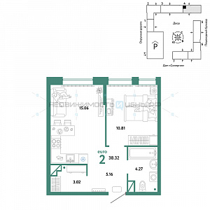 2 комн., 38.32м2, 15/16, Юнион, Тюмень