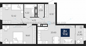 2 комн., 73.4м2, 18/21, Тюмень