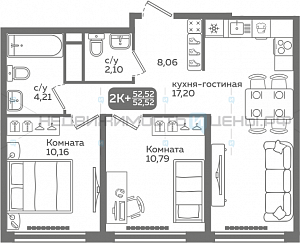 2 комн., 52.52м2, 6/21, Меридиан Слобода, Тюмень