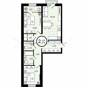 2 комн., 68.76м2, 3/4, Зеленые Аллеи, Тюмень