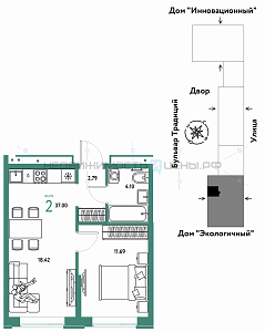 2 комн., 37м2, 7/15, Домашний, Тюмень