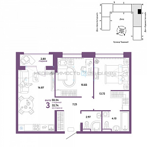 3 комн., 58.54м2, 8/15, Домашний, Тюмень