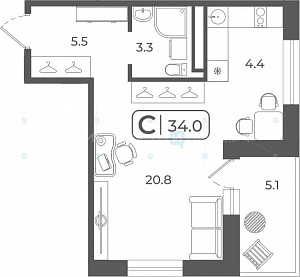 Студия, 33.8м2, 22/22, Quattro (Кваттро), Тюмень
