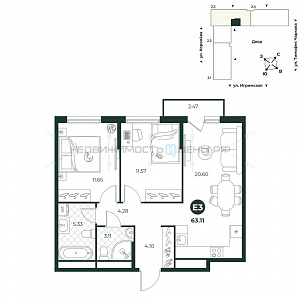 3 комн., 63.11м2, 6/18, Игрим, Тюмень