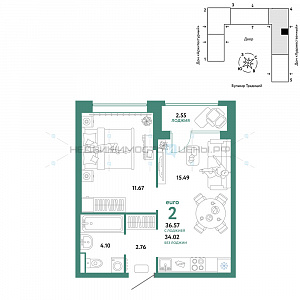 2 комн., 36.57м2, 10/15, Домашний, Тюмень