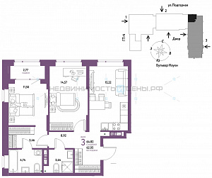 3 комн., 64.82м2, 16/16, Авторский, Тюмень