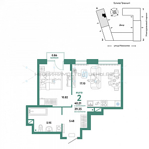 2 комн., 40.21м2, 9/16, Домашний, Тюмень