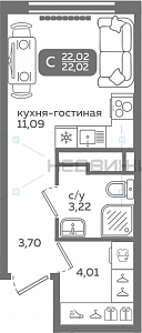 1 комн., 22.02м2, 15/21, Меридиан Слобода, Тюмень