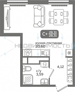 1 комн., 28.31м2, 12/21, Меридиан Слобода, Тюмень