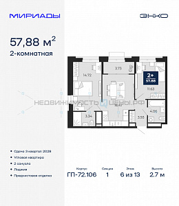 2 комн., 57.88м2, 6/13, Тюмень
