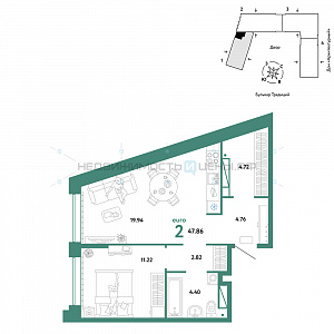 2 комн., 47.86м2, 10/15, Домашний, Тюмень
