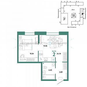 2 комн., 34.19м2, 2/16, Юнион, Тюмень