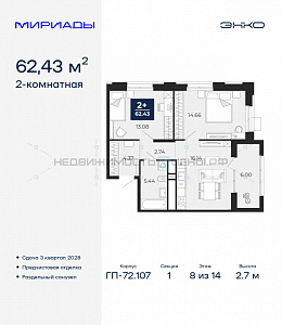 2 комн., 62.43м2, 8/14, Мириады, Тюмень