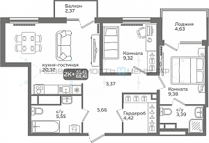 2 комн., 61.41м2, 3/21, Меридиан Слобода, Тюмень