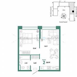 2 комн., 38.97м2, 8/15, Домашний, Тюмень