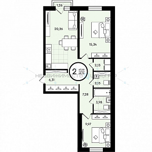2 комн., 68.76м2, 2/4, Зеленые Аллеи, Тюмень