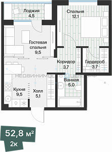 1 комн., 50.54м2, 3/4, Эклипт, Тюмень