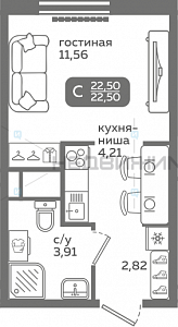 1 комн., 22.5м2, 10/21, Меридиан Слобода, Тюмень