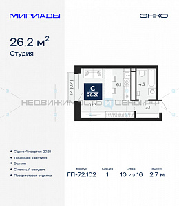 1 комн., 26.2м2, 10/16, Мириады, Тюмень