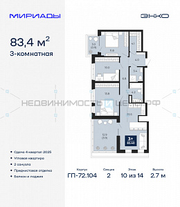 3 комн., 83.4м2, 10/18, Мириады, Тюмень