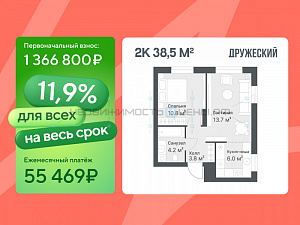2 комн., 38.5м2, 13/14, Дружеский, Тюмень