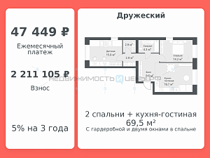 2 комн., 69.5м2, 8/8, Дружеский, Тюмень