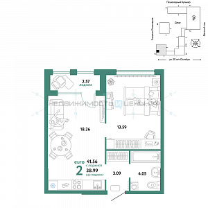2 комн., 41.56м2, 8/25, Сердце Сибири, Тюмень