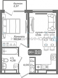 1 комн., 36.43м2, 9/21, Меридиан Слобода, Тюмень