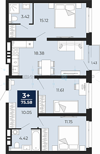 3 комн., 75.58м2, 10/14, Тюмень