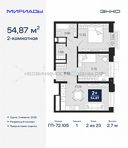 2 комн., 54.87м2, 2/23, Тюмень