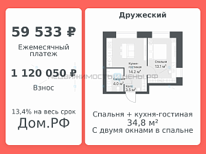 2 комн., 34.8м2, 6/8, Дружеский, Тюмень