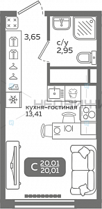 1 комн., 20.01м2, 16/21, Меридиан Слобода, Тюмень