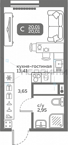 1 комн., 20.01м2, 8/20, Меридиан Слобода, Тюмень