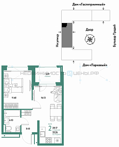 2 комн., 39.17м2, 11/15, Домашний, Тюмень