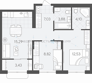 2 комн., 55.08м2, 8/9, Скандиа. Квартал в Комарово Парк, Тюмень