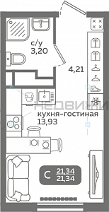 1 комн., 21.34м2, 9/21, Меридиан Слобода, Тюмень