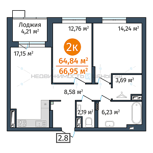 2 комн., 64.84м2, 19/24, Док (DOK), Тюмень