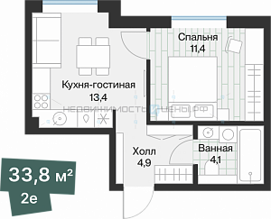 1 комн., 34.1м2, 2/4, Эклипт, Тюмень