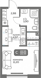 1 комн., 22.55м2, 6/20, Меридиан Слобода, Тюмень