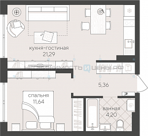 1 комн., 42.49м2, 4/4, Тюмень