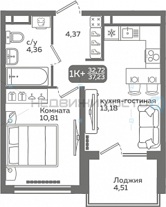 1 комн., 32.72м2, 13/21, Меридиан Слобода, Тюмень