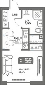 1 комн., 22.55м2, 14/20, Меридиан Слобода, Тюмень