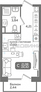 1 комн., 21.98м2, 2/21, Меридиан Слобода, Тюмень