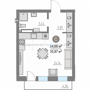 1 комн., 34м2, 4/4, Кипрея. Квартиры, Тюмень