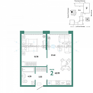 2 комн., 42.91м2, 7/25, Сердце Сибири, Тюмень